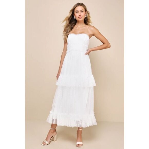 Lulus Womens Delightful Bliss White Mesh Swiss Dot Strapless Midi Dress Small - Picture 1 of 16